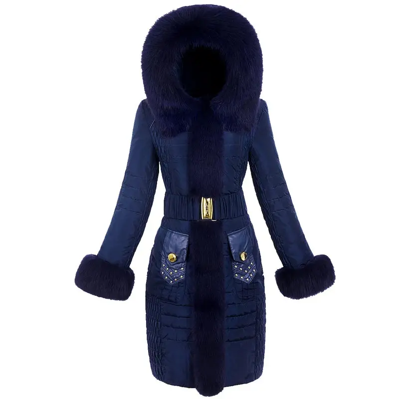 

Royalcat Brand Coat Women Down Jacket 2023 luxury blue fox fur collar slim waist mid-length thick down jacket women's Parka Coat