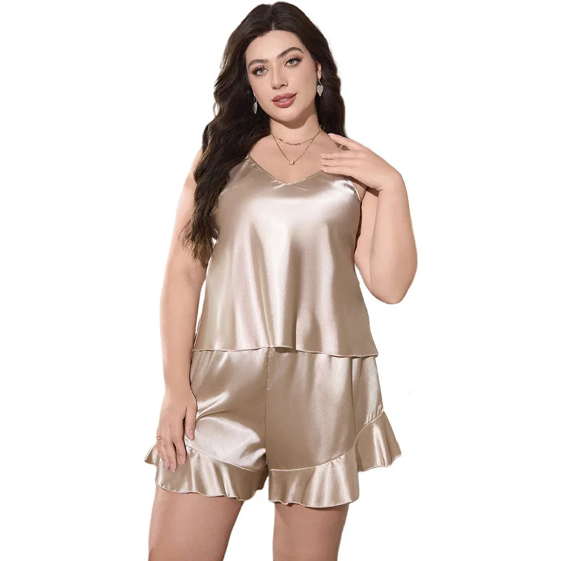 European and American Style Plus Size Fashion Casual Pajamas Set Ice Silk Home Wear Sexy Simple Simulation Silk Thin Sleepwear