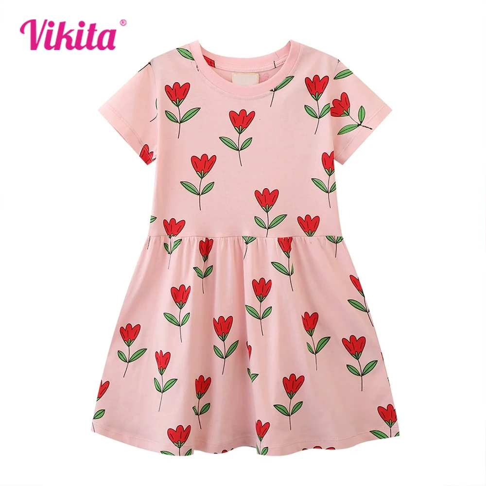 

VIKITA 2025 New Gift Kids Rose Flower Print Pink Straight Dress Girls Cotton Casual School Daily Princess Summer Costumes Frocks