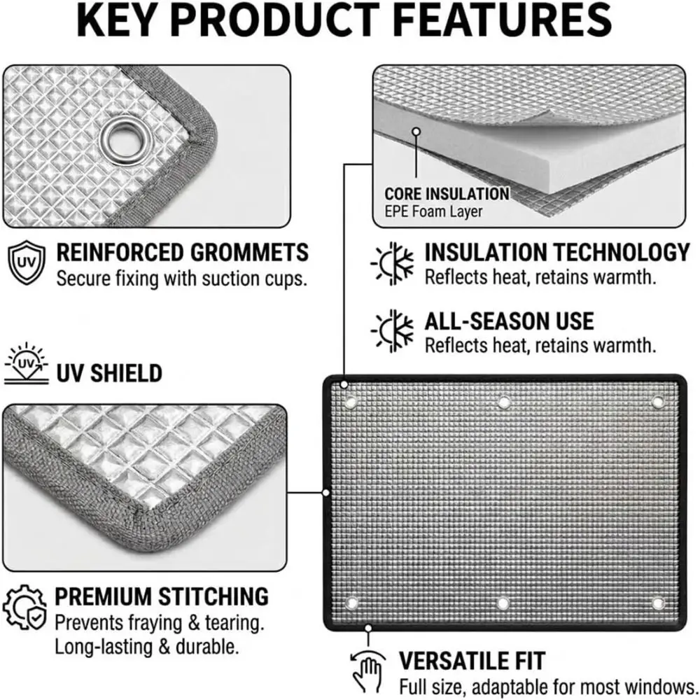 Aluminum Foil Window Insulation Film Anti-UV Double Side Sunshade Protector Pad with Suction Cup Removable Window Sun Shade Film