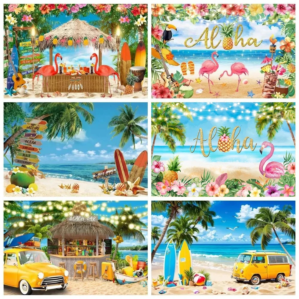 Holiday Party Backdrop decorate Summer Tropical Beach Hawaiian Seaside Flamingo Ocean Surfboard Birthday Photography Background