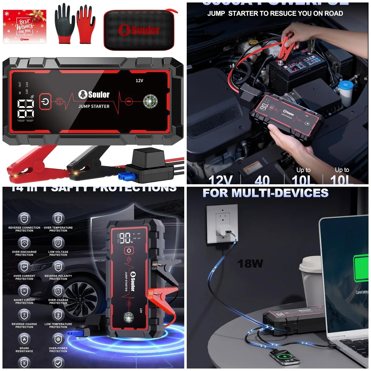 

Portable Jump Starter with 3 Modes: Flashlight, Compass, Power Bank & Cable