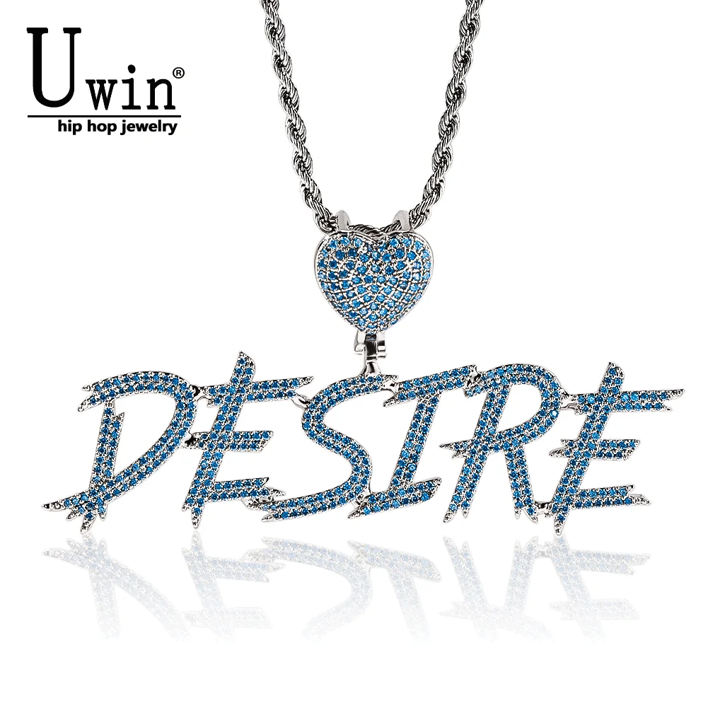 Uwin Custom Letters Ketting Cursief Naam Hanger Blauwe Hart Sluiting Iced Out Zirconia Mode-sieraden Voor Christmas Gift