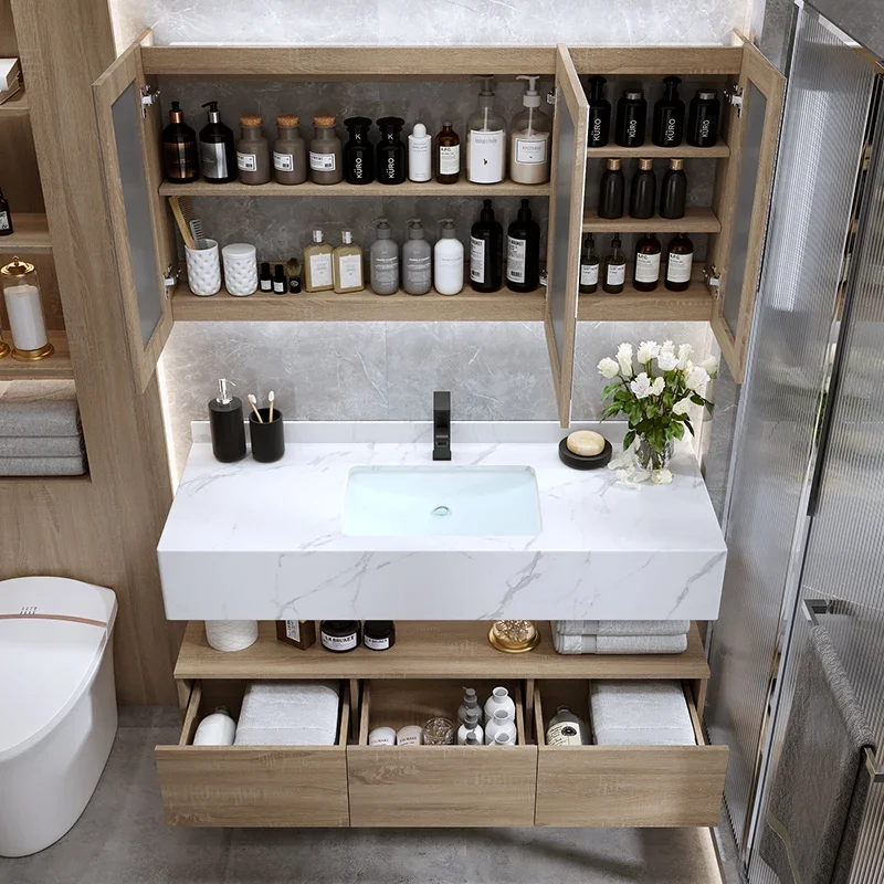 Mueble de baño con encimera de mármol con gran espacio de almacenamiento, mueble con espejo duradero