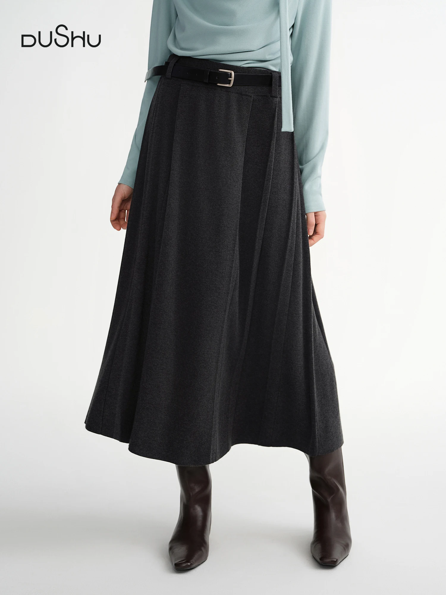 

DUSHU Plus Size Women's Knit Pleated Skirt High Waist Elegant A-Line Midi Length Stretchy Comfort Fall 2025 Casual Slim Fit