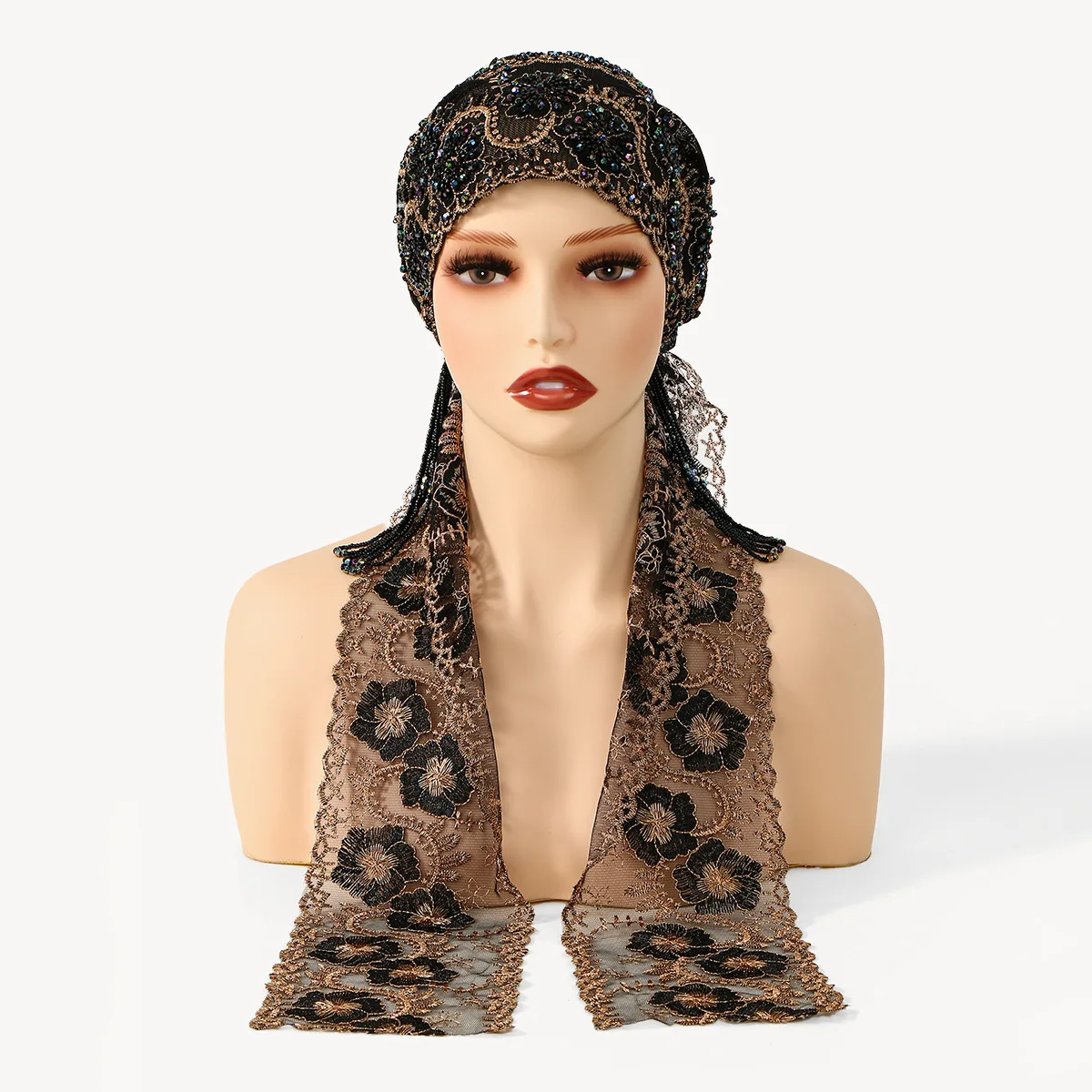 

Ribbon Bead Embroidered Lace Hat Caps Woman Muslim Hijabs Bonnet Gorgeous Party Turban Femme Ramadan Lace Beanies Headscarf Wrap