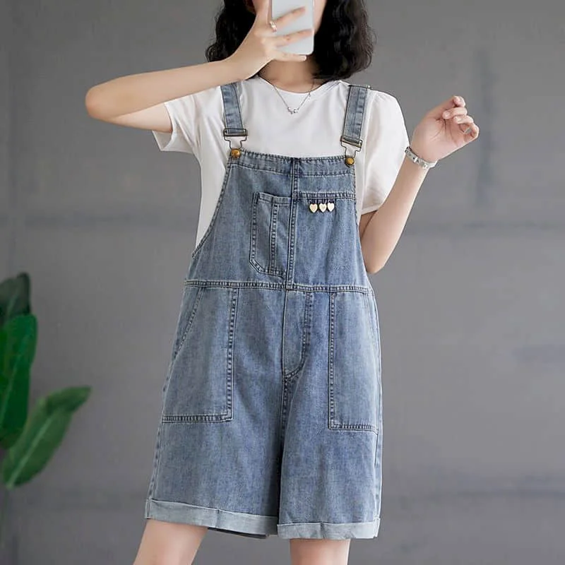 Denim Jumpsuits for Women Vintage Korean Style One Piece Outfit Casual Cropped Rompers Solid Short Jeans Summer Women Clothing