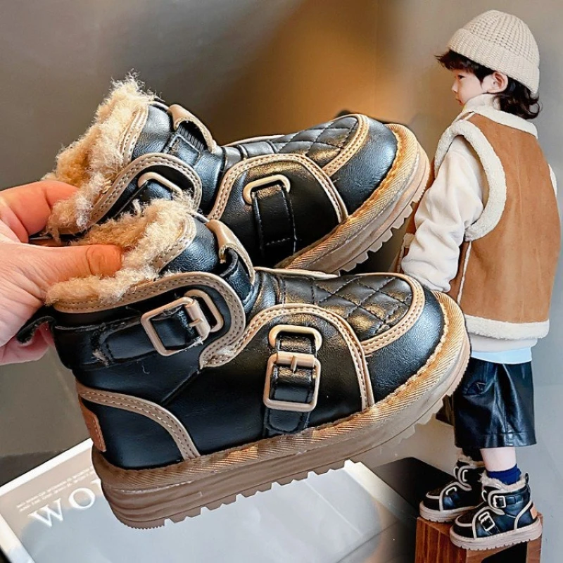 Boys Girls Thick Plush Lining Boots with Buckle Detail 2025 New Winter Kids Ankle Boots Non-slip Versatile Outdoor Hiking Boots