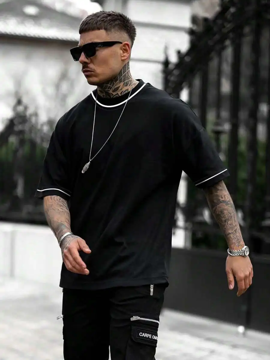 

Men Contrast Trim Drop Shoulder T-Shirt Casual Solid Tee