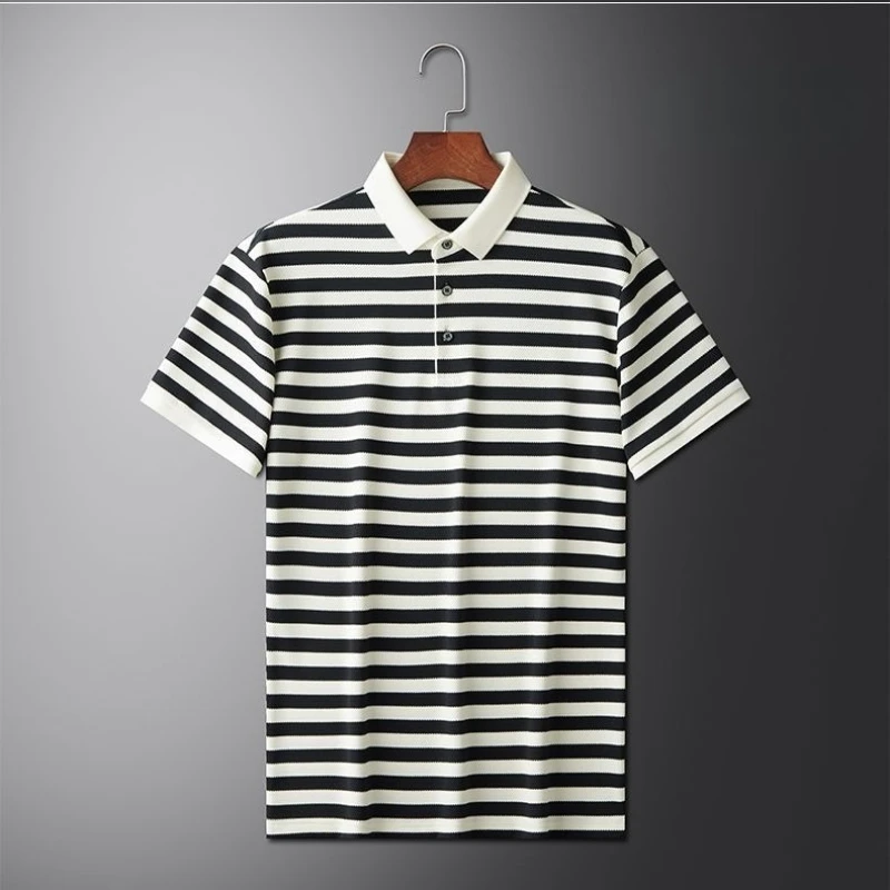 Men's Classic Black White Striped Polo Shirt, Short Sleeve Knitted Business Casual Top, Breathable Turn-down Collar Tee Summer