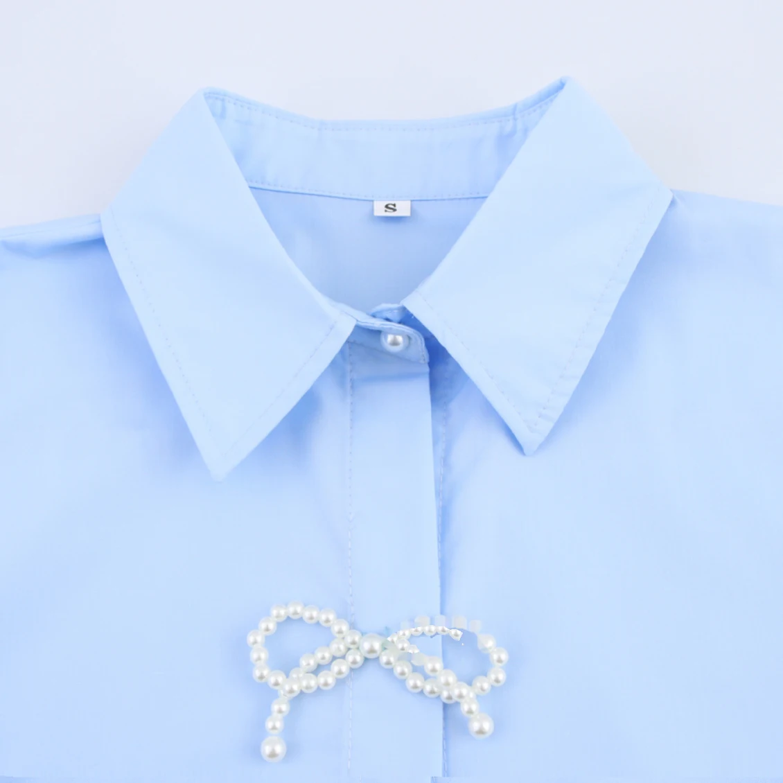 

ZBZA Spring New Faion Pearl Knot Decoration Pure Color Long Sve Women's irt Commute Sle Regular Fit Polyes...