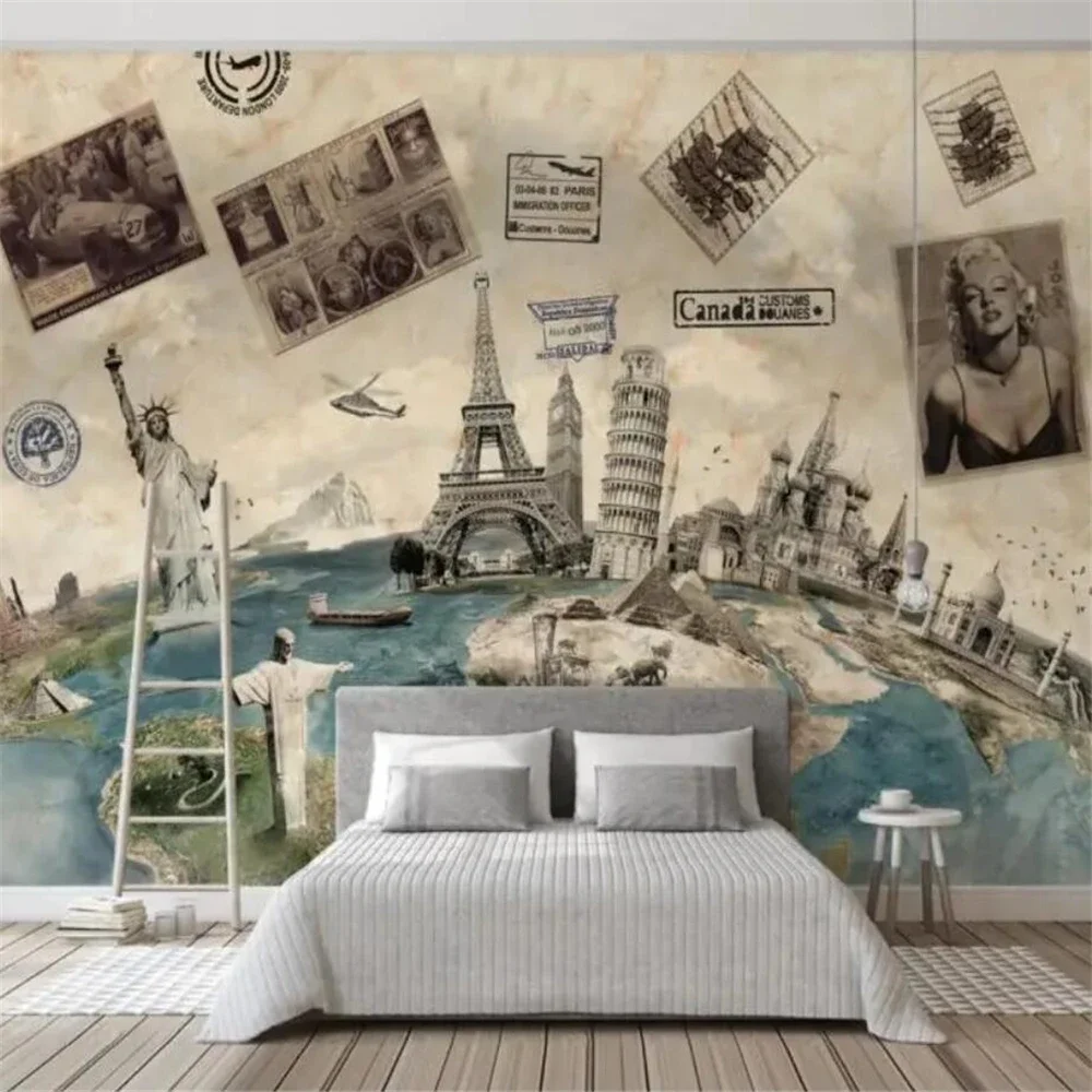 Custom luxury home decor Marble nostalgic travel world poster earth classic building wallpapers background wall paper home decor