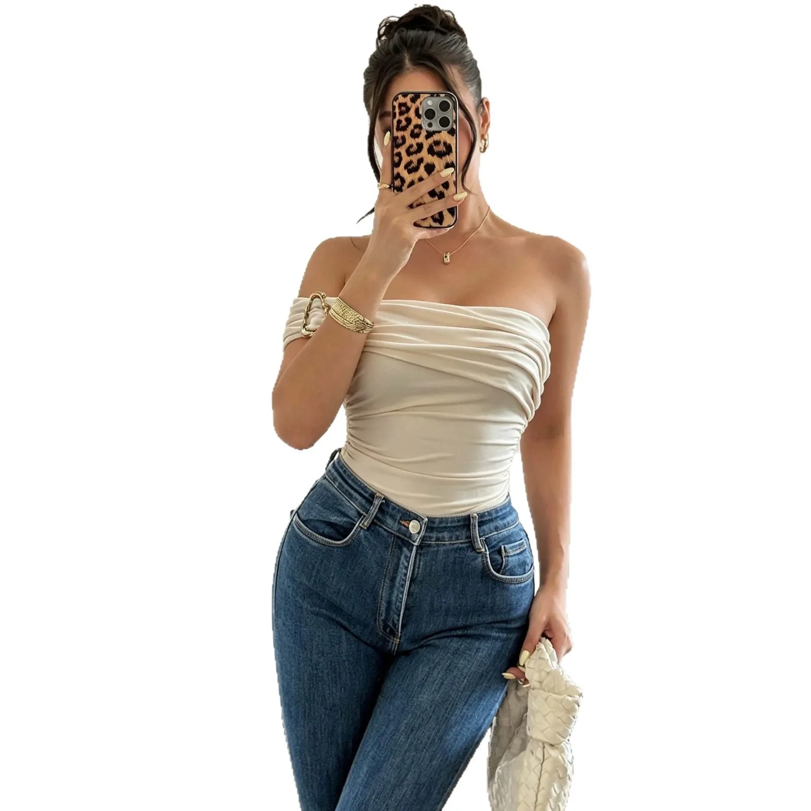 Women's Summer Jumpsuit Off Shoulder Ruffle Metal Button Jumpsuits Waist Cinched Slimming Pullover Romper Cream Color Solid