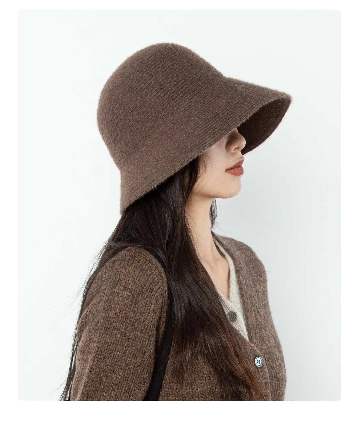 M/L Übergroße Feingestrickte Woll-Bucket-Hüte für Damen Vorne Lang Hinten Kurz Beckenhut Herbst Winter Warm Freizeit Fischerhut – Detail 3