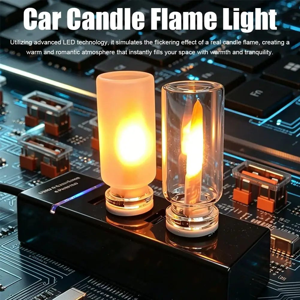 USB LED Flickering Flame Candle Light, Frosted Glass Simulated Dynamic Flame Night Lamp Simulated Flame for Car Interior, Hom