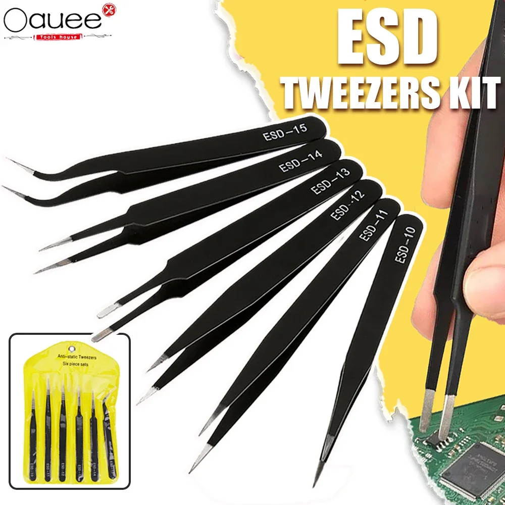 ESD Anti-Static Precision Tweezers Kit Stainless Steel Maintenance Repair Tool Set Anti Static Model Making Tool Hand Tool Set