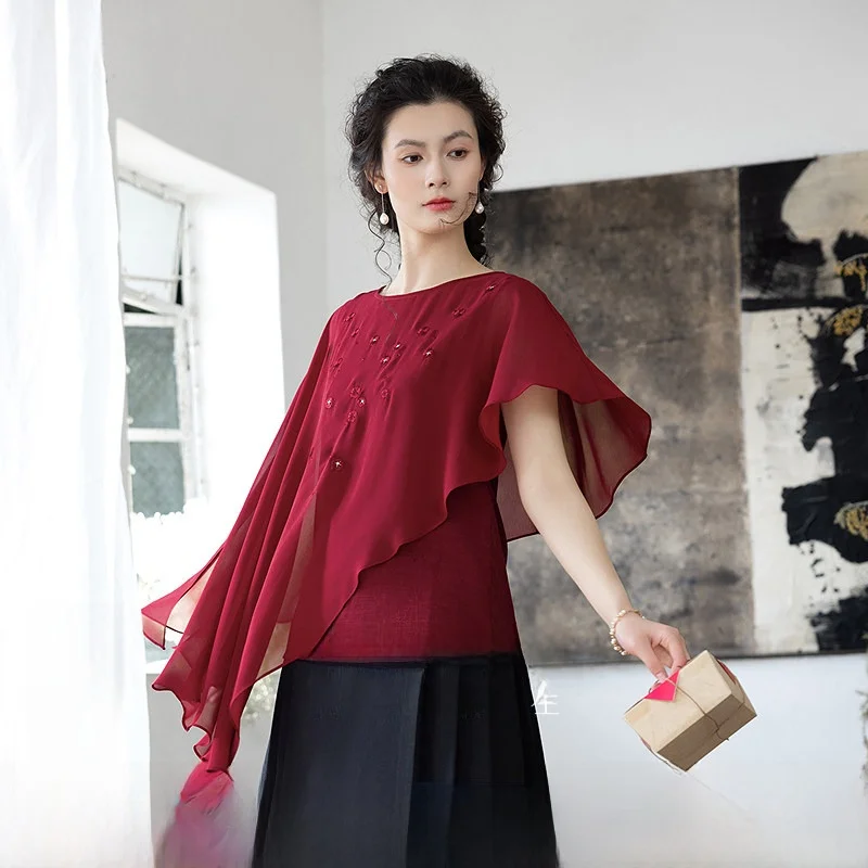 

New Spring 2025 Women's Loose Fit Embroidered irt Asymmetrical Hemline Casual Sle Polyester Fiber round Ne Svel