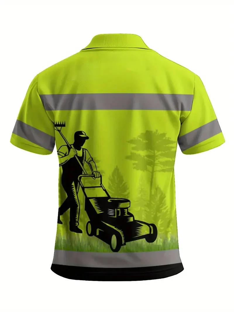 Men's new polo shirt with garden weeder pattern theme, accented by contrasting striped design, suitable for daily casual wear