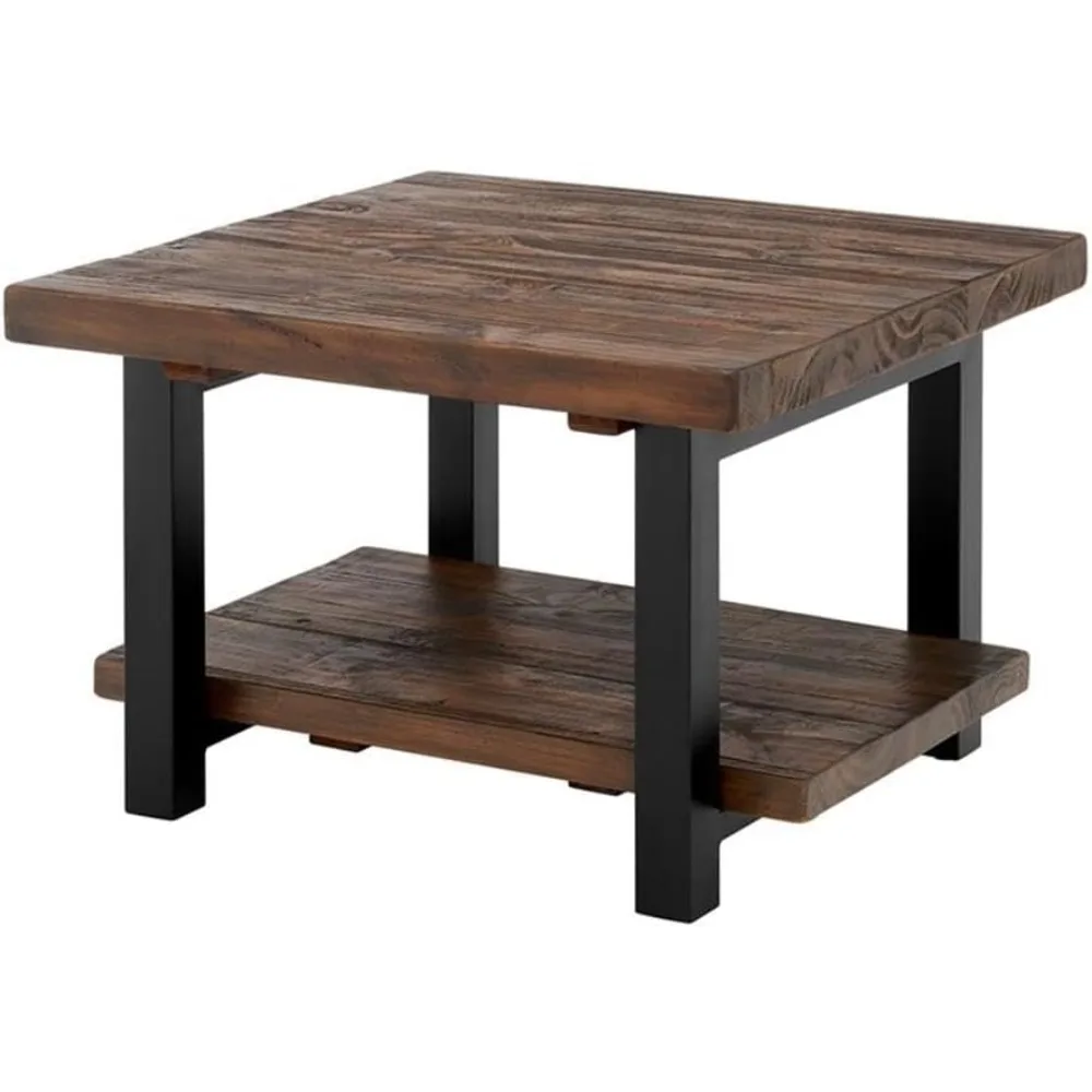 

Rustic Natural Cube Coffee Table, Solid Pine Wood with Reclaimed Finish, Industrial Metal Legs, Brown, 27-Inch