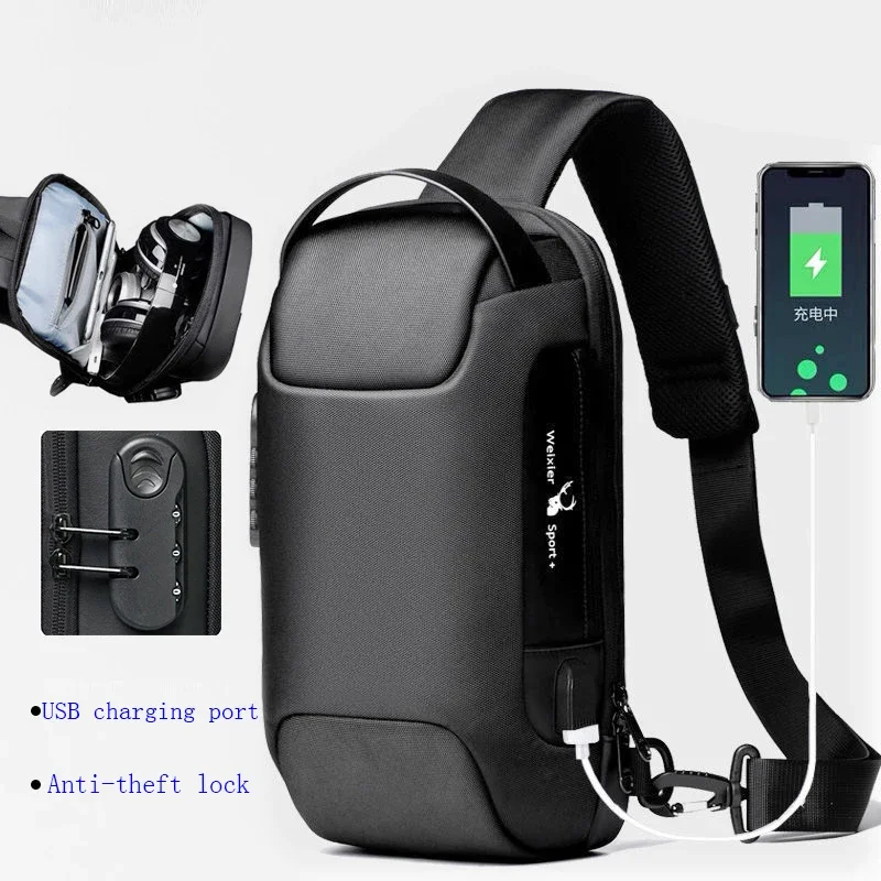 Men Oxford Sling Backpack Rucksack Knapsack Bags with USB Charge Port Anti-theft Travel Male Motorcycle Messenger Chest Pack Bag