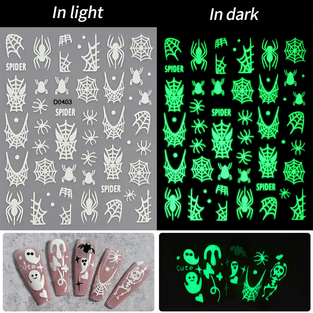 1pcs Glow-In-The-Dark Halloween Nail Art Stickers 3D Self-Adhesive Skull/Bat/Spider/Web/Bat Decals For Spooky Manicures Accessor