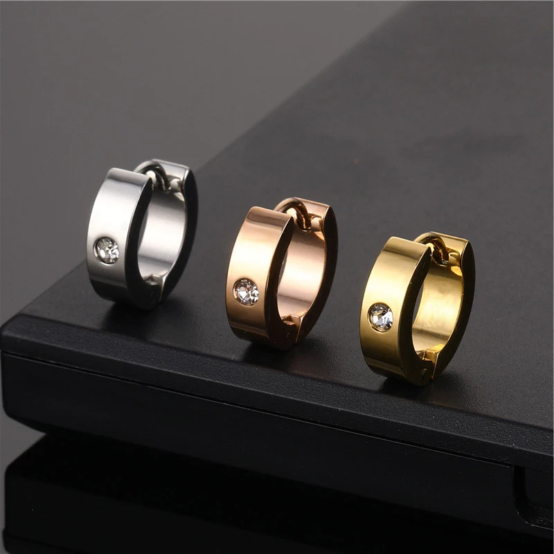 New Trendy Round Hoop Earrings Simple Zircon Stainless Steel Circle Earring For Women Men Punk Party Jewelry Brincos