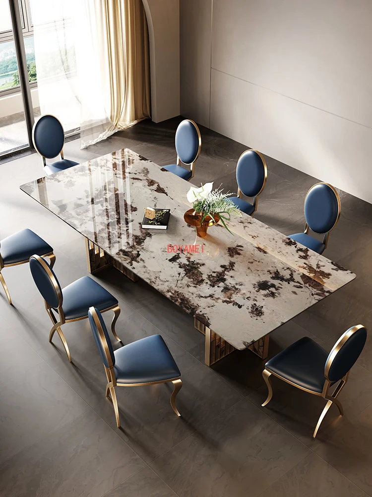 stone dining table and chair combination marble rectangle light luxury dining table modern simple high-grade villa furniture