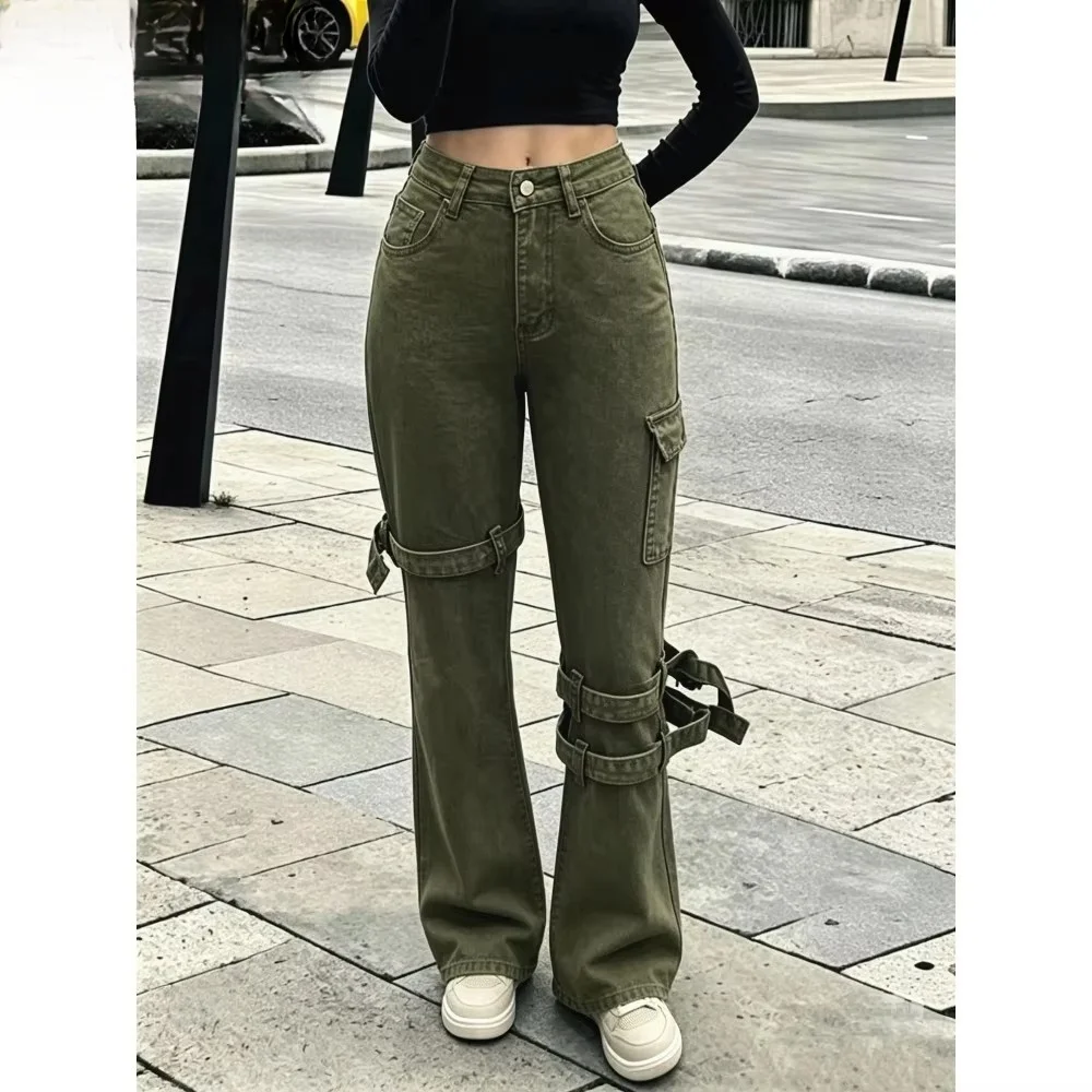 Retro military green multi-strap design sense tooling denim trousers, elastic slim and versatile denim overalls.