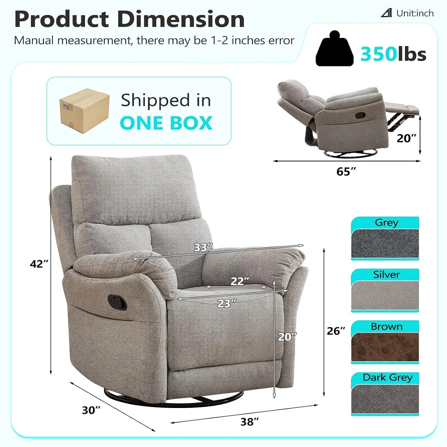 Manual Fabric Swivel Rocker Recliner Set of 2, Glider Nursery Sofa Home Theater Living Room, Silver, Customized