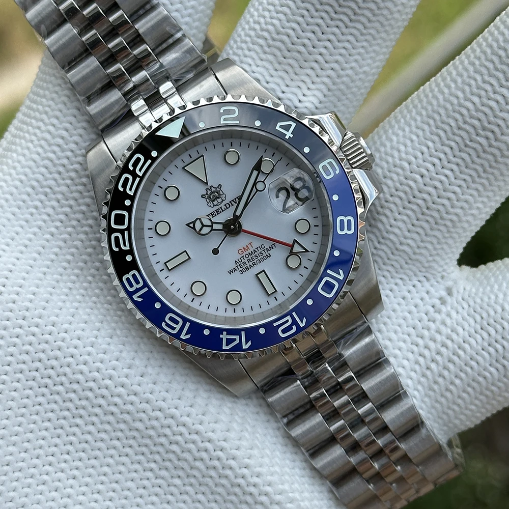 STEELDIVE Orologio GMT da uomo 40,5 mm Orologio da polso meccanico automatico Diver 30ATM Zaffiro luminoso NH34 Cola 120 clic Lunetta in ceramica