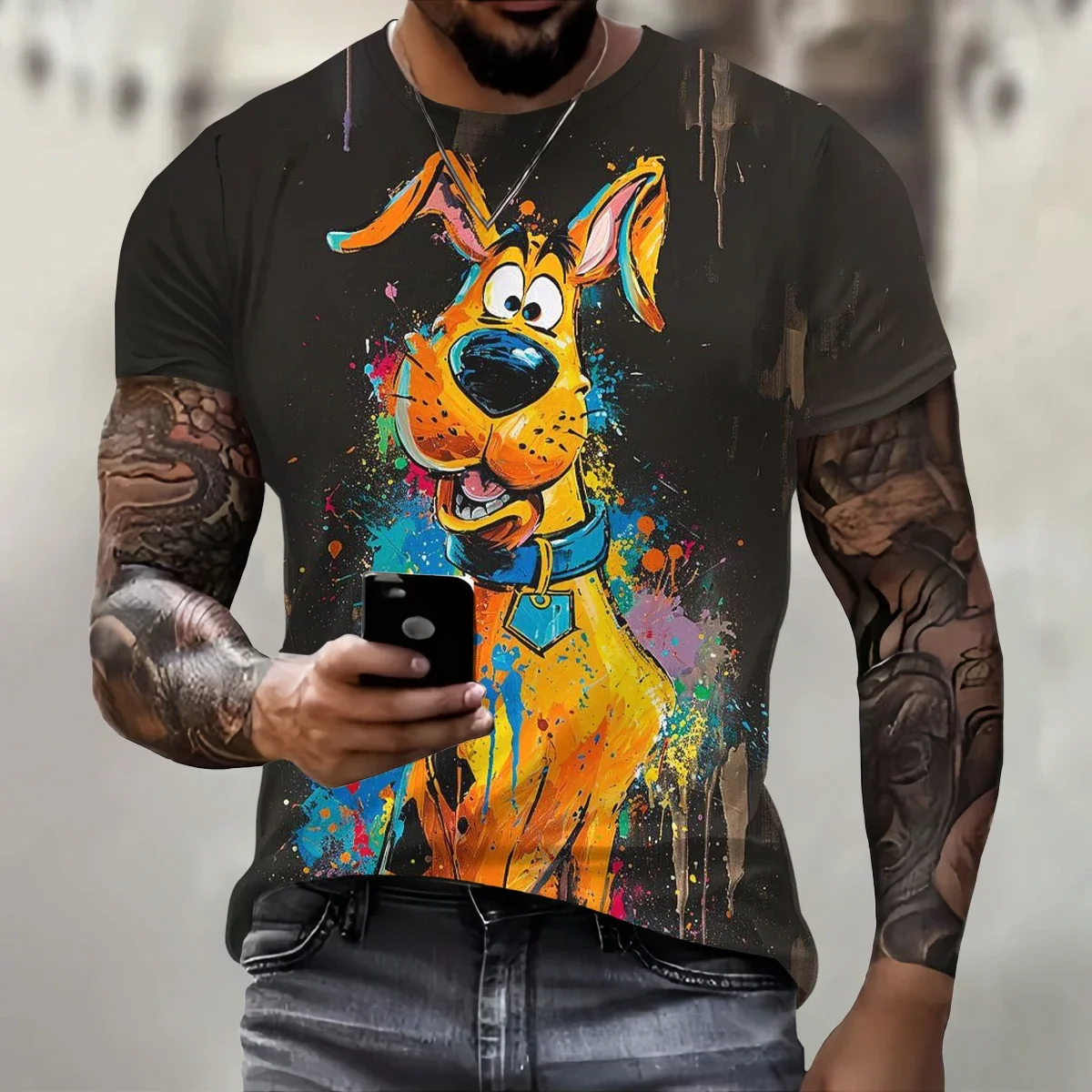 Men\'s 3D dog pattern fun T-shirt, round neck loose casual short sleeved shirt, fashionable and trendy clothing, summer oversized