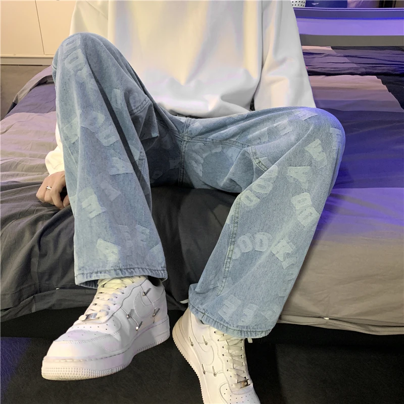 

Trendy Streetwear Men's Jeans Loose Straight Leg Casual Long Pants Letter Embroidery Waed mid Waist Zipper Fly Spring Youth