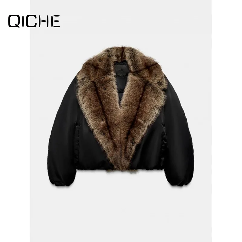QICHE Women 2026 Autumn Winter European Vintage Thick Big Furry Collar Short Padded Coat Outerwear
