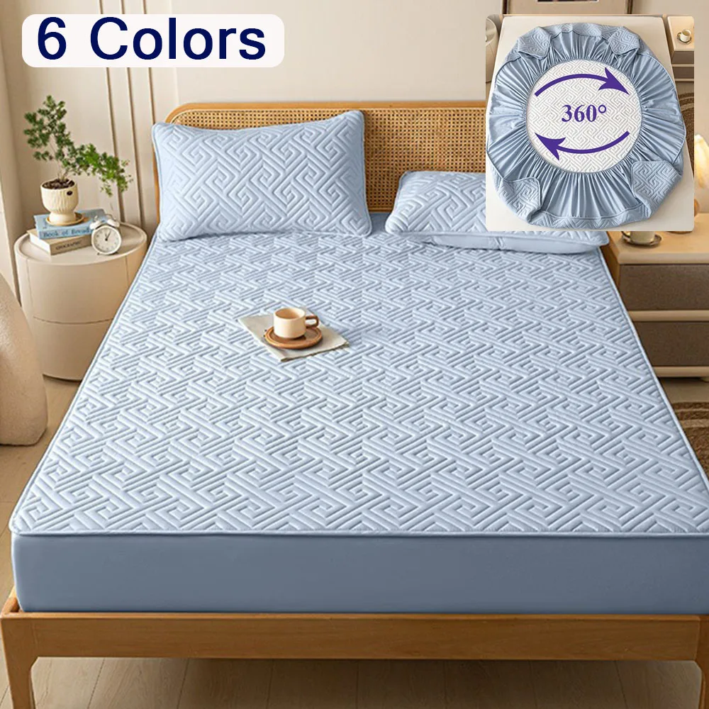

1pc Soft Breathable Fitted Sheet Thick Quilted Embroidered Bed Sheet with Geometric Pattern, Fits Mattress Up To 11.81inch 삿갓