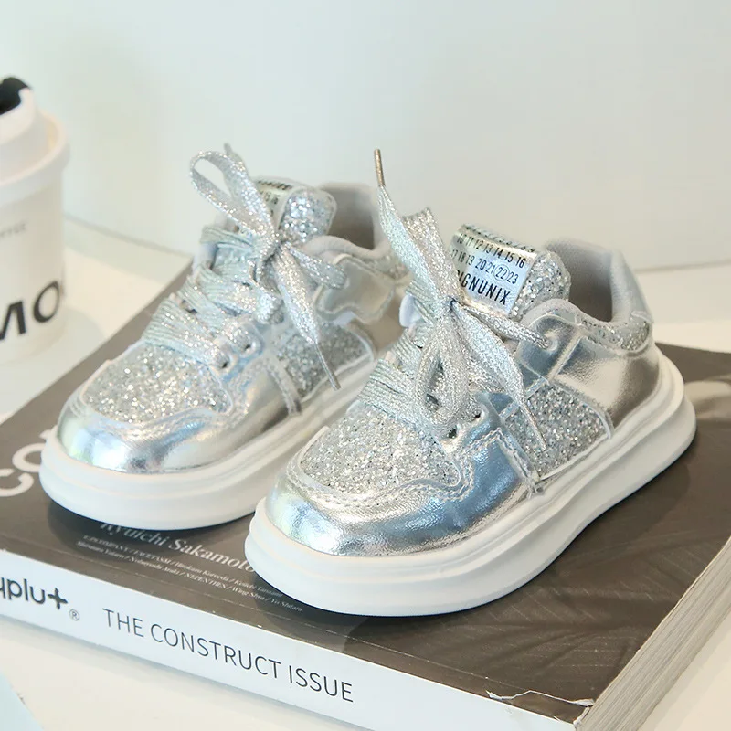 

Children Spring Autumn Casual Soft Soled Shoes Girls Fashion Sneaker Kids Sequins Velcro Front Lacing Boys Round Toe Neutral