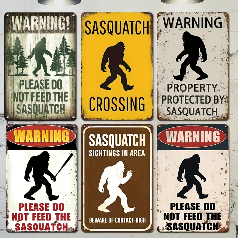 2D Flat, [JIT][2D Flat] 6pcs Vintage Bigfoot Sign Funny Sasquatch Metal Sign, Funny Warning Sasquatch Themed Metal Poster with S