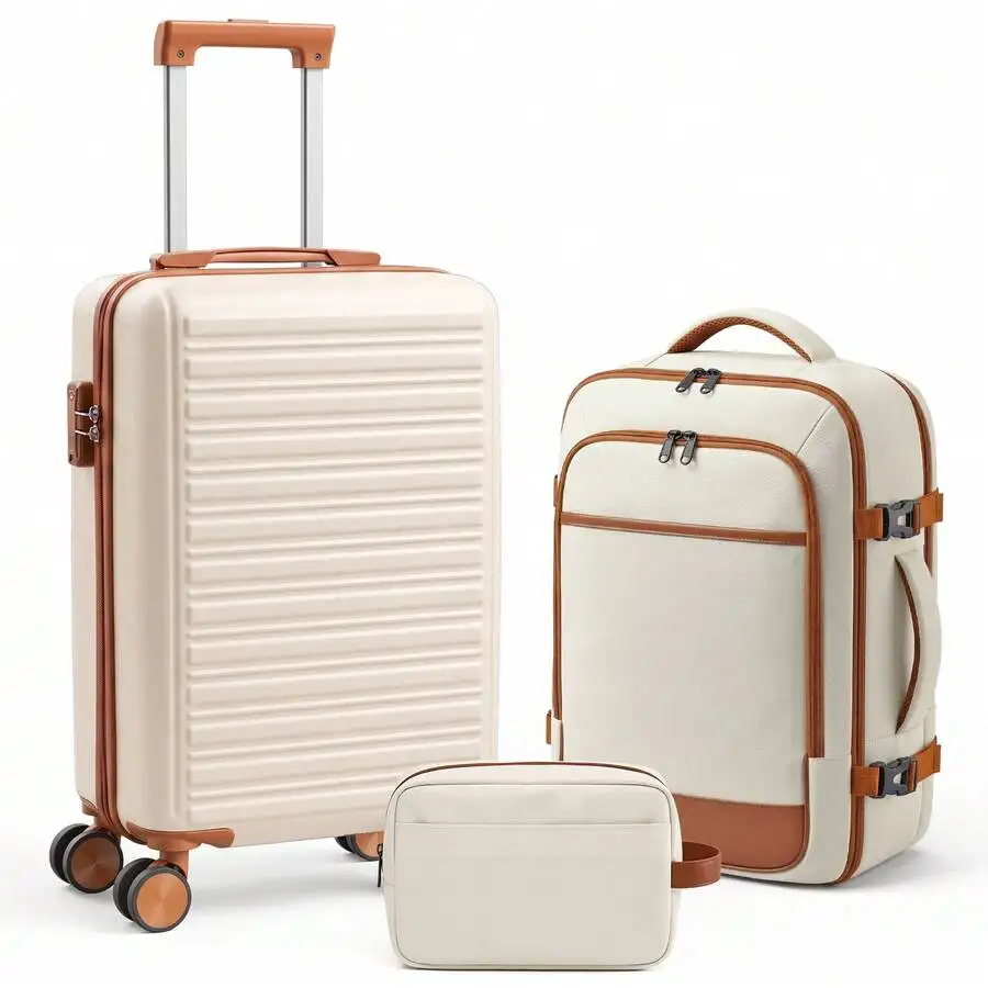 3 Piece Luggage Set With Backpack, Lightweight Hard Shell Suitcase Set, TSA Lock Travel Luggage With Spinner Wheels,20 Inch Carr