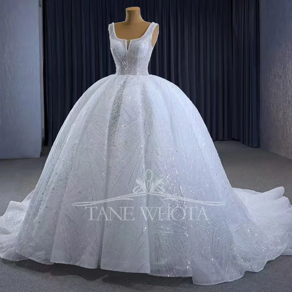 Luxury Sleeveless Scoop Neck Wedding Dress With Lace-Up Back And Sequins Classic Bridal Gown Customizable