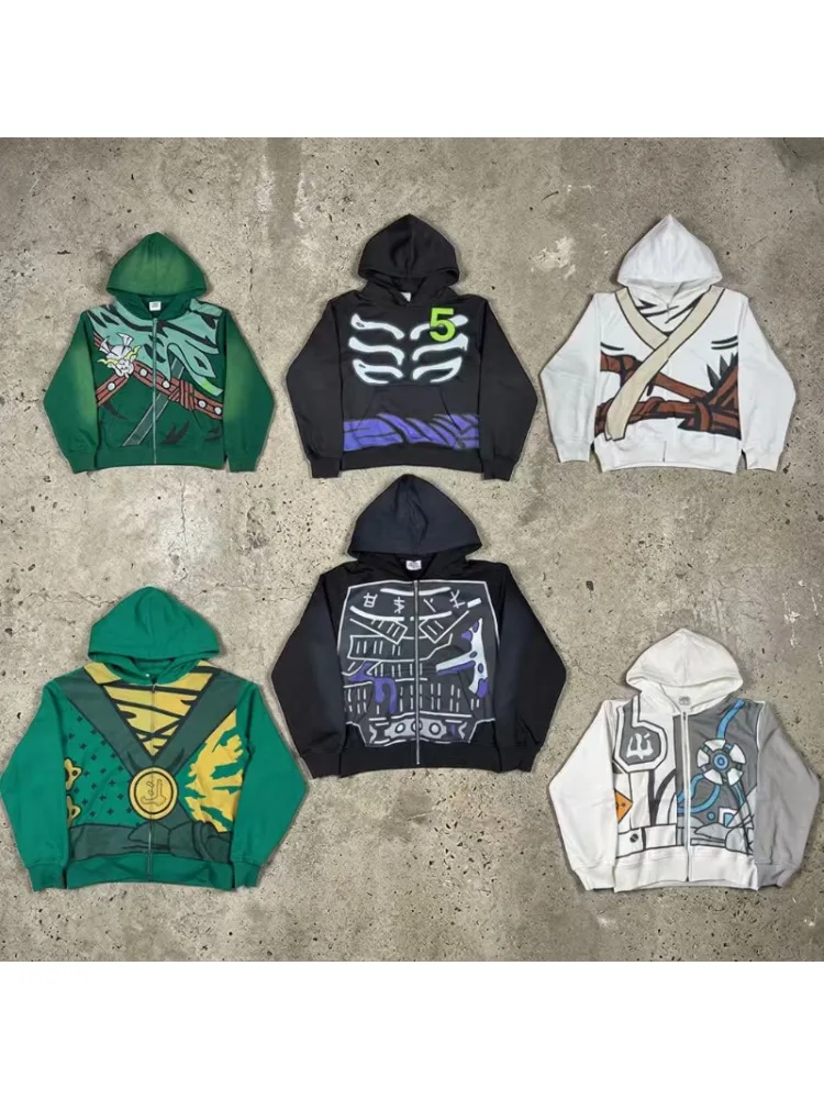 Ninja Cartoon Grafische Y2K Zip Hoodie Jas Heren Dames Loose Fit Streetwear Sweatshirt met capuchon Casual Hip Hop Fashion Sweatshirts - afbeelding 2