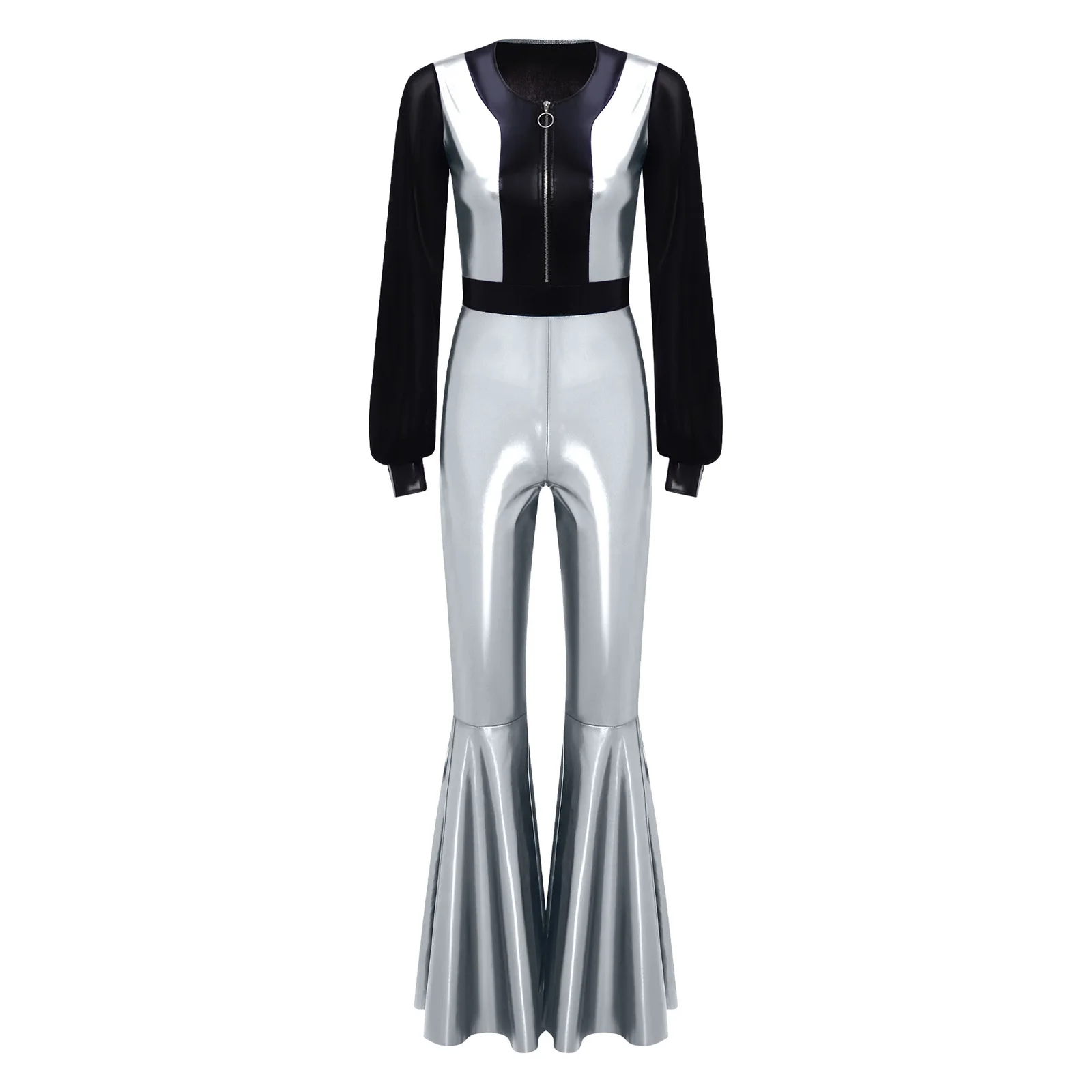 

Women Hippie 70s Disco Costume Jumpsuit for Halloween Carnival Party Jazz Dance Costumes Metallic Shiny Full Bodysuit Dancewear