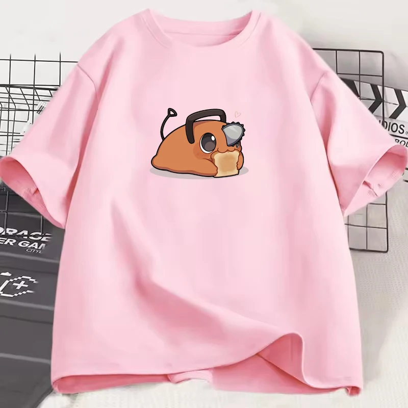 Hot Japanese Anime Pochita Eating Toast Pattern Unisex T-shirt Loose Casual Hip-hop Men Women Tee Trendy Urban Streetwear Shirts
