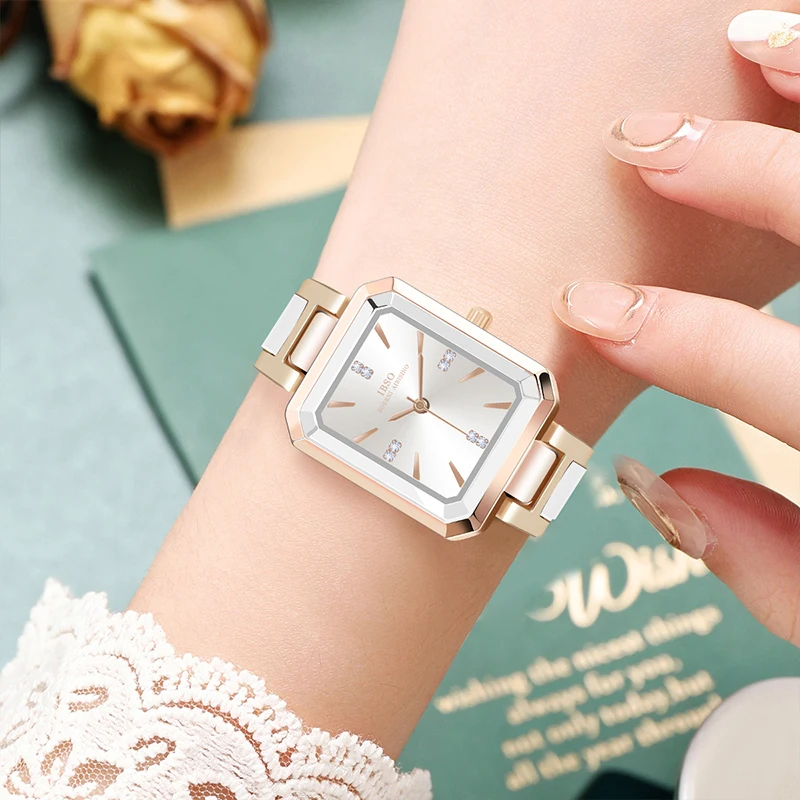 นาฬิกาข้อมือสแตนเลสสีขาวกันน้ำนาฬิกาข้อมือผู้หญิงหรูหรานาฬิกาควอทซ์สีดำแฟชั่นสำหรับสุภาพสตรีนาฬิกาข้อมือสี่เหลี่ยม