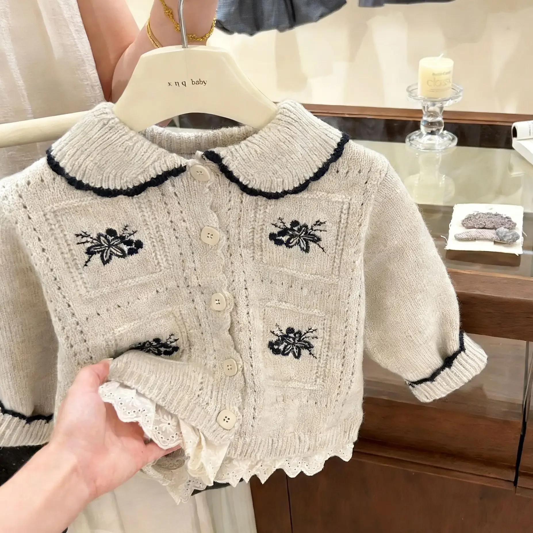 Girls Embroidered Knit Cardigan - Spring Autumn Lapel Collar Sweater Coat, Korean Style Outerwear for Kids