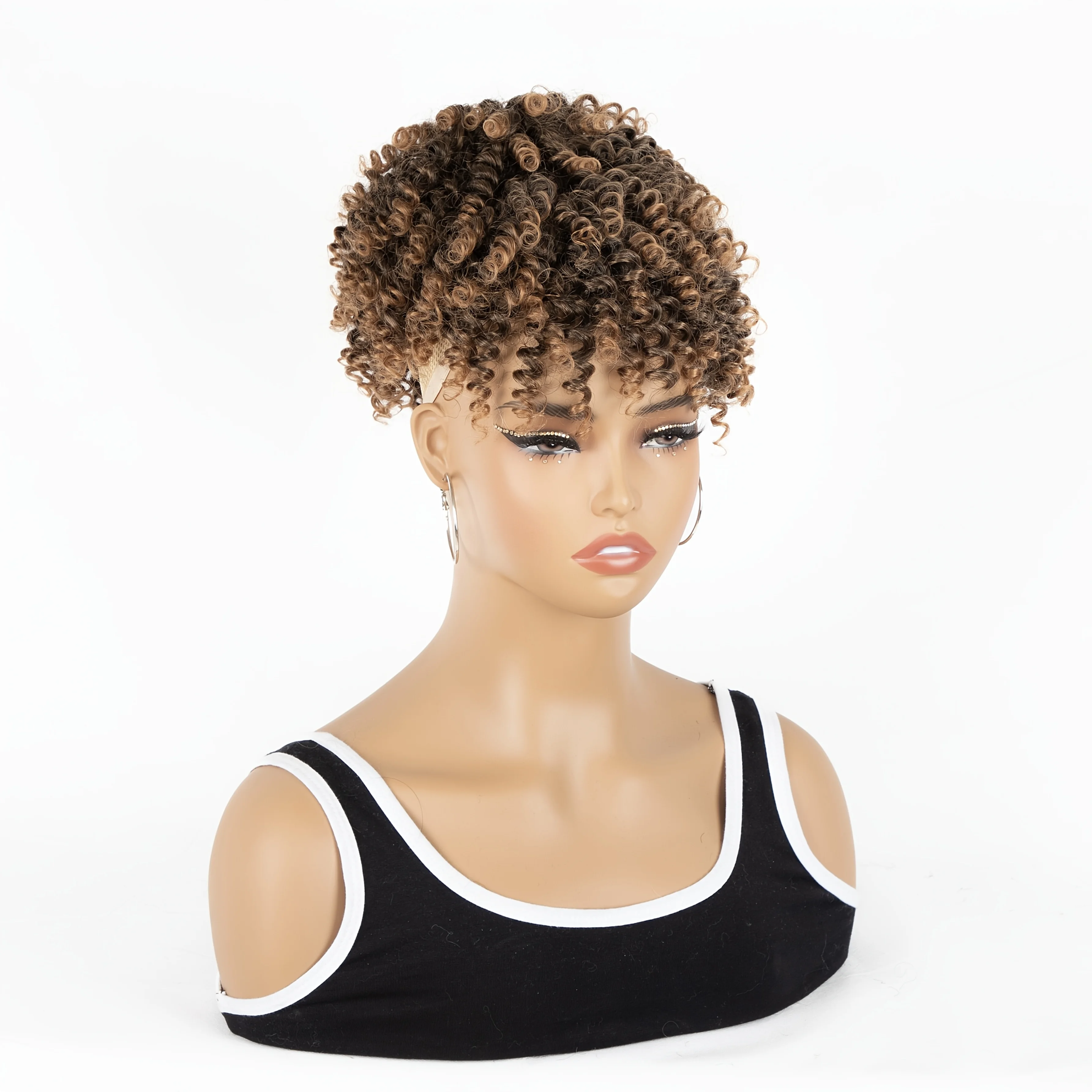 アフロパフドローストリングポニーテール、前髪付きポニーテール、女性用縮れ毛カーリーヘアクリップイン前髪、ショートポニーテールエクステンション、アップヘアピ