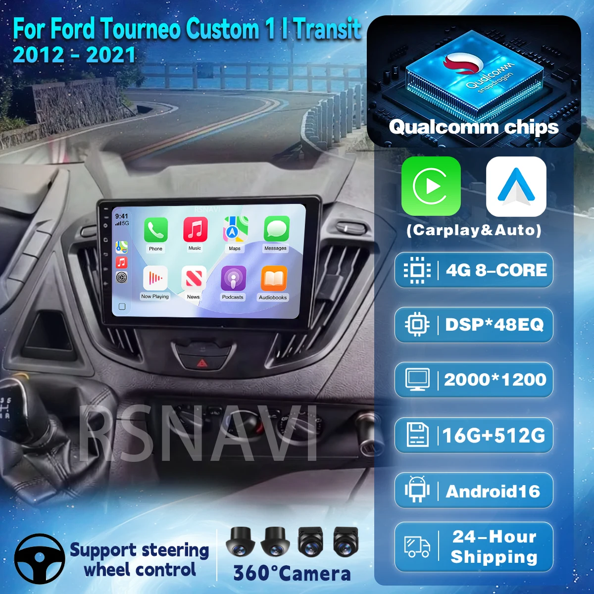 Qualcomm Android 16 Car Radio Multimedia Player For Ford Transit Tourneo Custom 2012 2013-2021 Carplay Auto Stereo DSP BT 4GWiFi