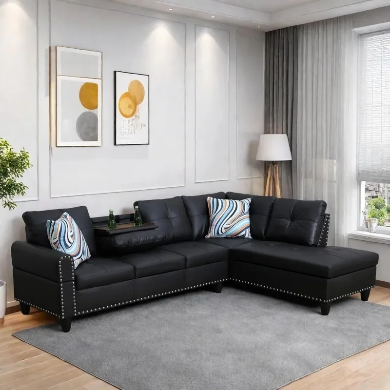 Reversible L-Shaped Sectional Sofa with Nailhead Details, Cup Holders and Chaise for Living Room or Office Furniture Set