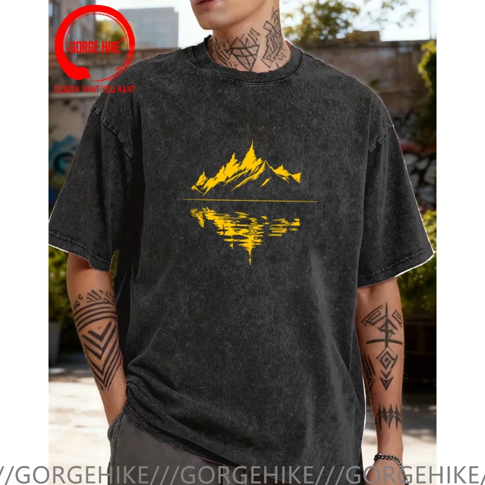 Vintage Washed Cotton T-Shirt Funny Designer Mountain Reflection Printed T Shirt Men Fashion Trendy Casual Clothing Stylish Tops