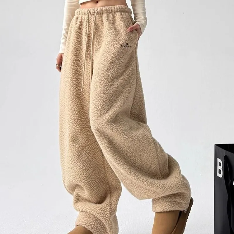 QWEEK Y2k Casual Winter Sweatpants Woman Oversize Korean Popular Harajuku Thick Pants Autumn Warm Khaki Wide Leg Trousers 2024