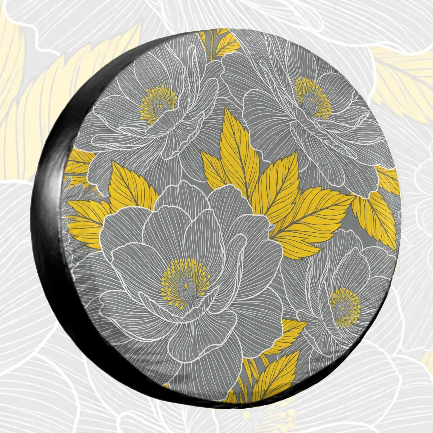 1pc Spare Tire Cover Line Art Floral Pattern With Yellow Leaves Gray B Weatherproof Dustproof Wheel Protectors Universal Wheel C