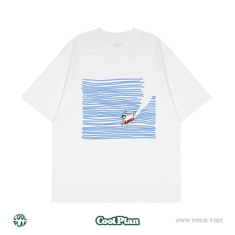 Artistic Blue Line Dog Surfing Hand Drawn Pure Cotton Printed T-shirt New Men's and Women's Loose Fashion Trendy T-shirt